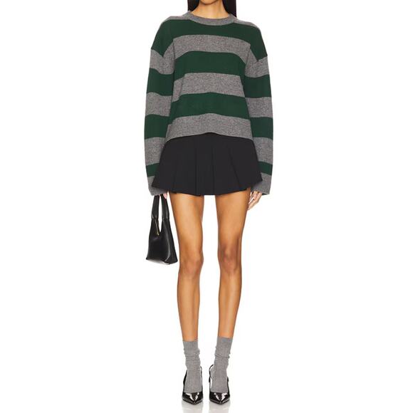 White + Warren Cashmere Stripped Crewneck Graphite/Emerald Medium NWT - Picture 1 of 10